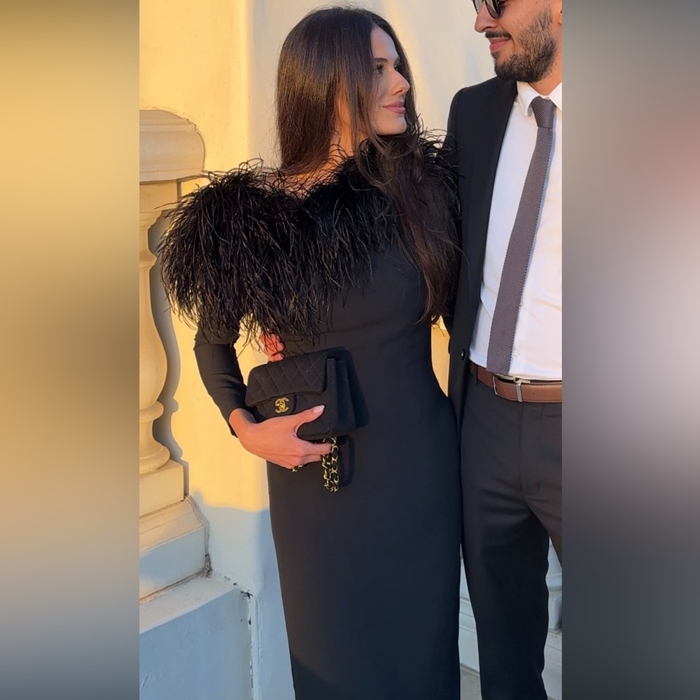 Taller Marmo Black Feathered Maxi Dress